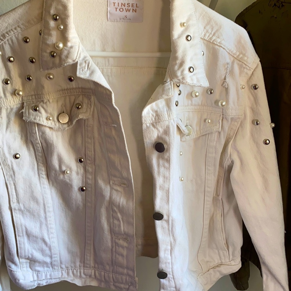 White jean jacket with pearls